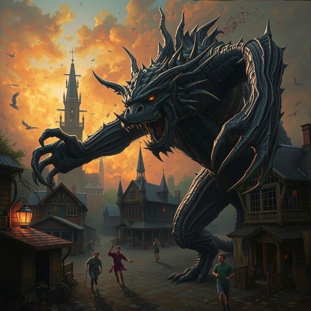 Fiery Beast Devastates Dark Cityscape