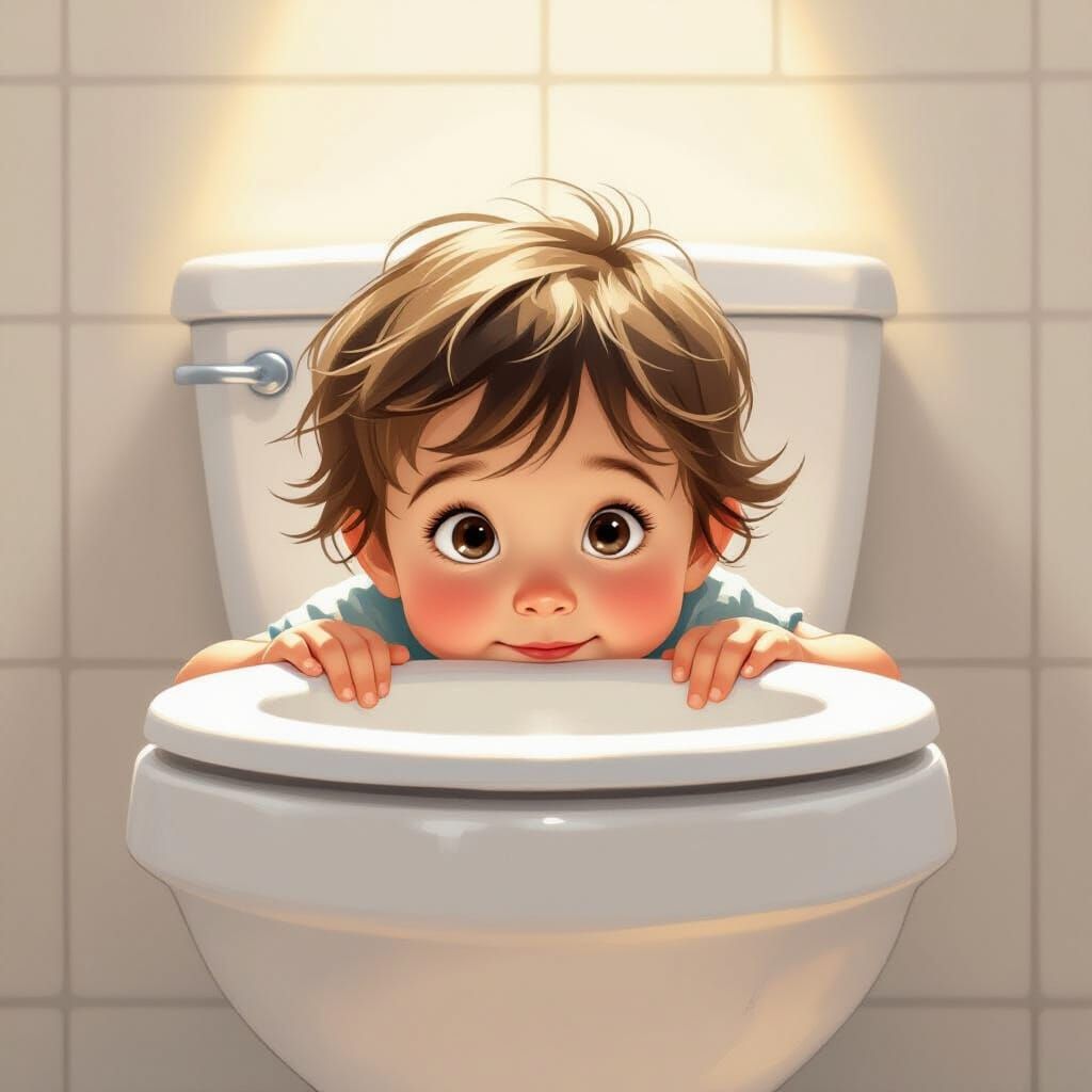 Child Peeking Over Toilet in Storybook Style