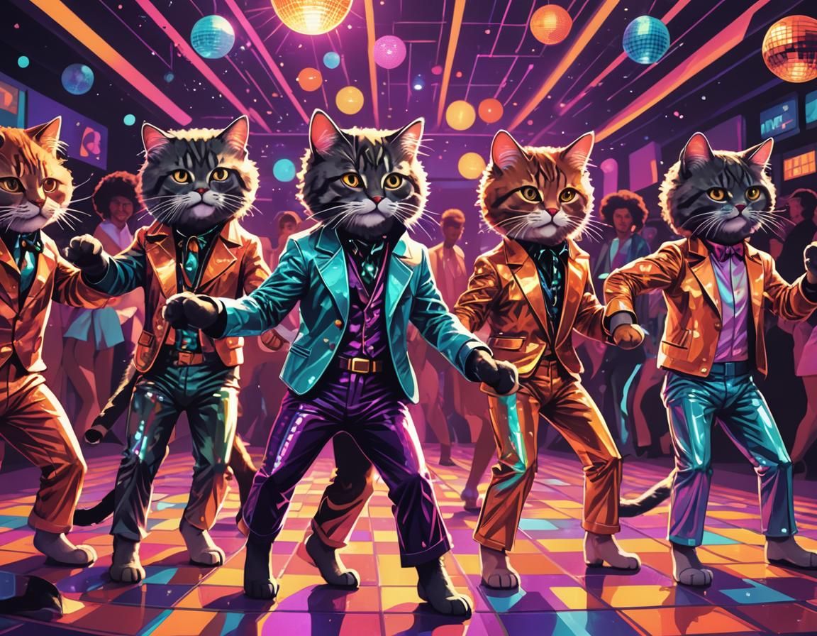 Cats Dancing in a Retro Disco, 70s Aesthetic