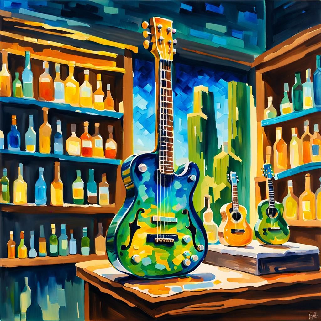Glass Guitar with Miniature World: Gouache Watercolor Art