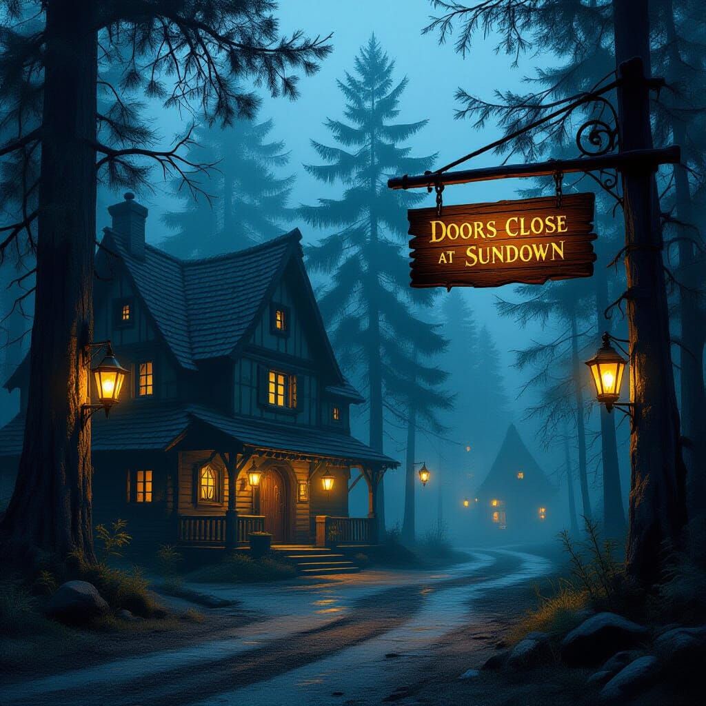 Misty Medieval Tavern at Sundown: Digital Art