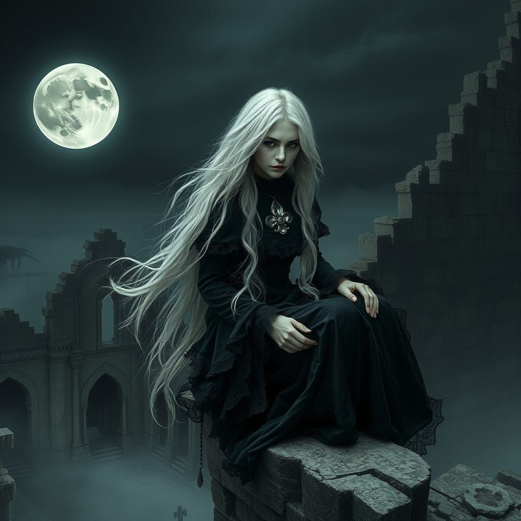 Gothic Woman Sits Alone in Ruins Under Crescent Moon