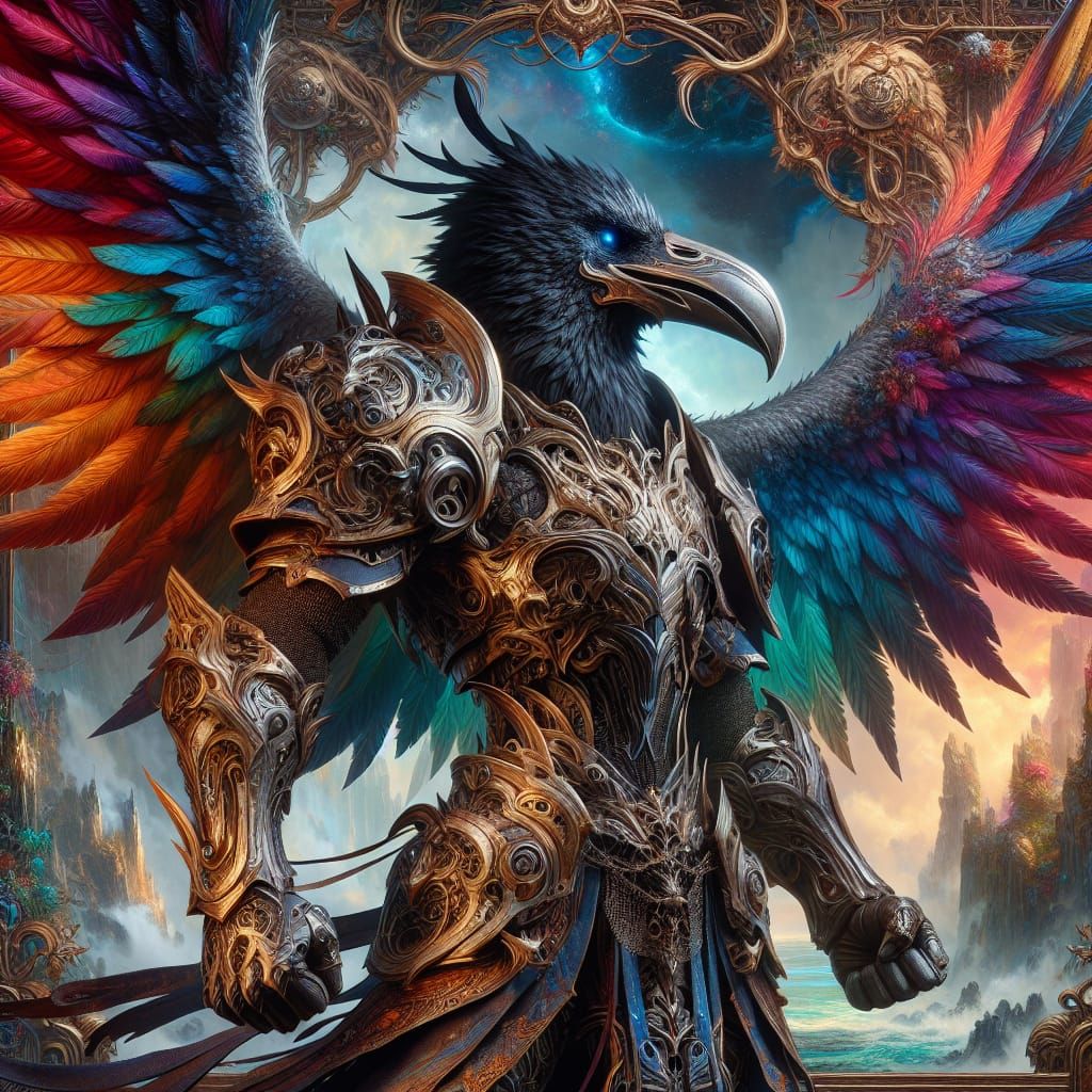 Armored Kenku Warrior in Detailed Fantasy Scene