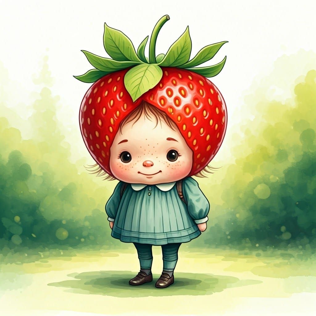 Whimsical Strawberry Schoolgirl in a Watercolor Garden
