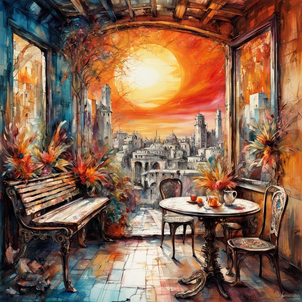 Abstract Sunset Window With City View as Impasto Painting