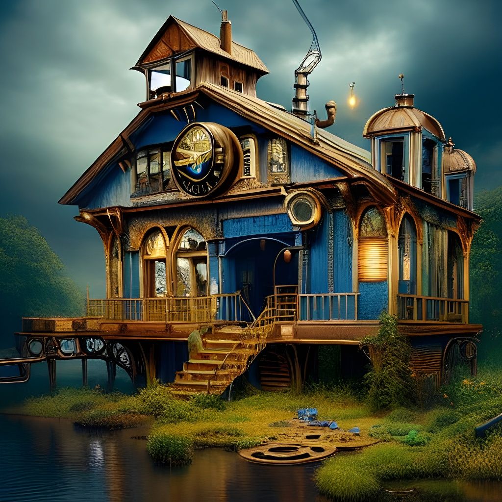 Blue Golden Steampunk Woodshop by River Artwork