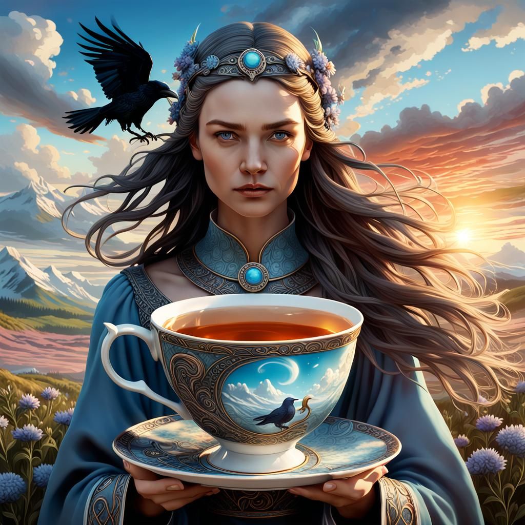 Viking Goddess Enjoys Whimsical Tea in a Scenic Scandinavian...