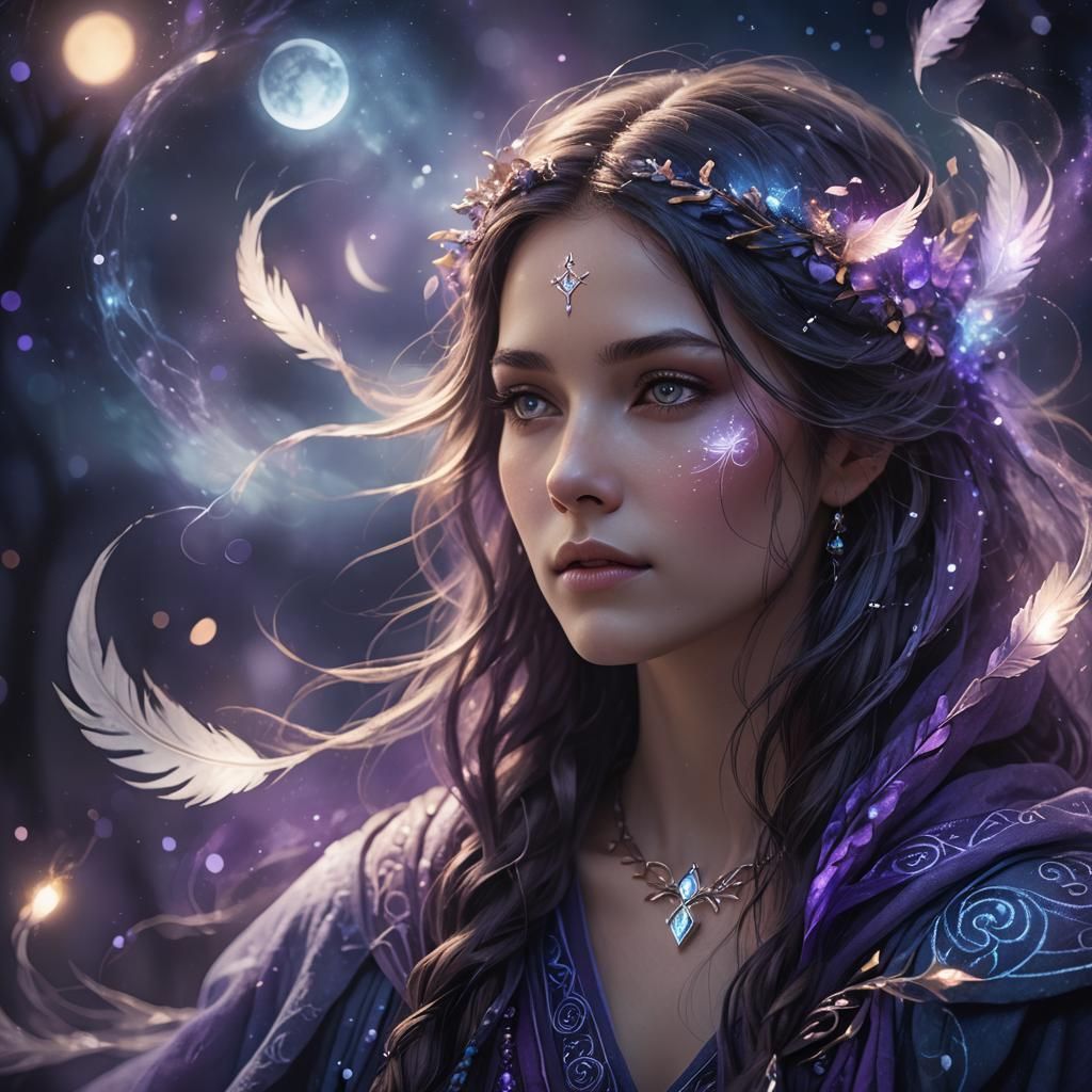 Mystical Being Weaving Magic in Moonlit Fantasy Art