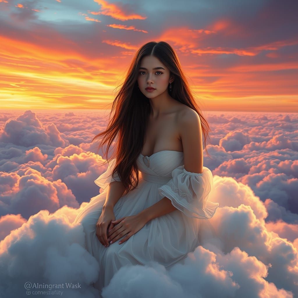 Serenely Seated Young Woman on a Cotton Cloud at Sunset