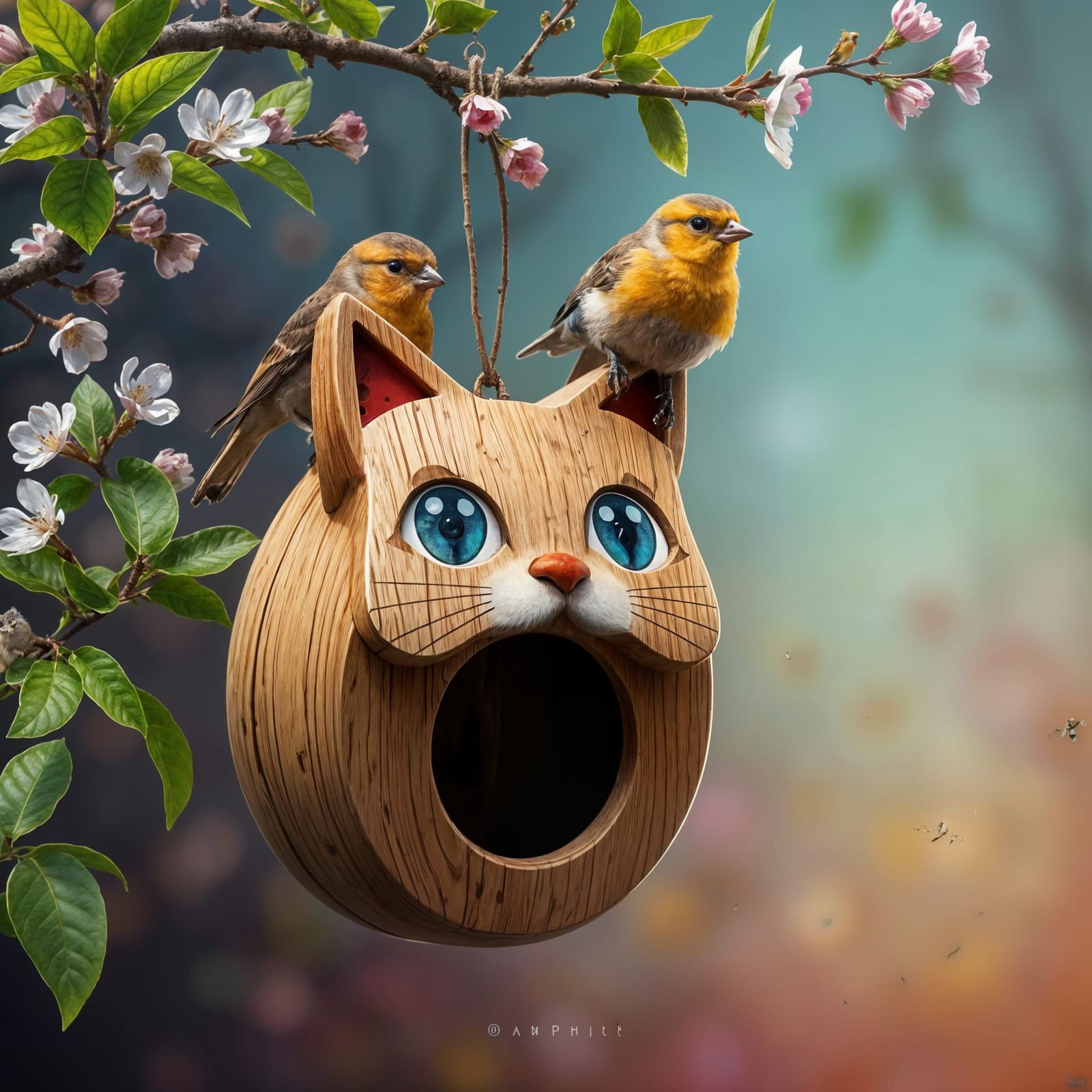 Hyperrealistic Cat Birdhouse with Finches in Spring
