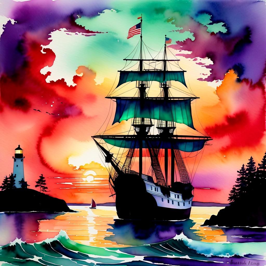 Lighthouse Guiding Ship at Sunset: Watercolor Painting