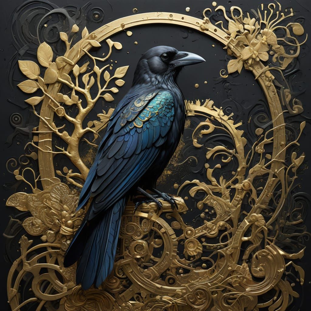 Raven in Golden Ribbon, Under Half Moon, in Klimt Style