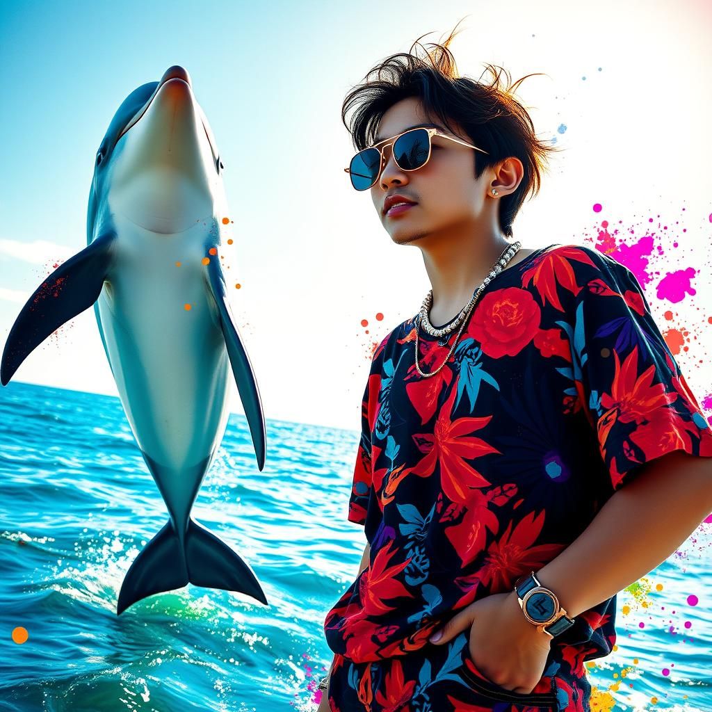 Person with Dolphin at Ocean's Edge in Graffiti Style