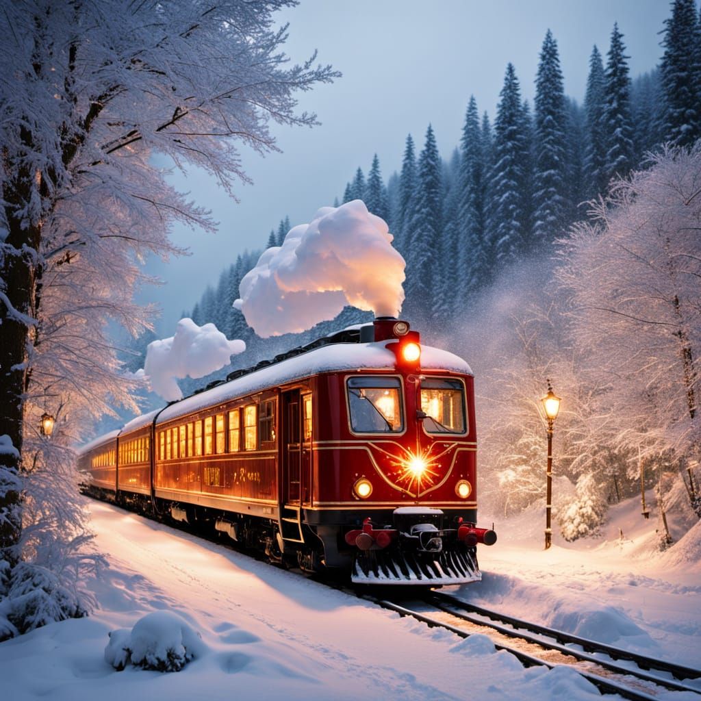 Golden Steam Train in Snowy Twilight Forest