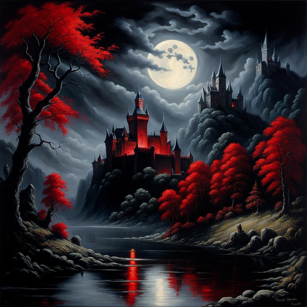 Sinister Dracula's Castle Under Full Moon