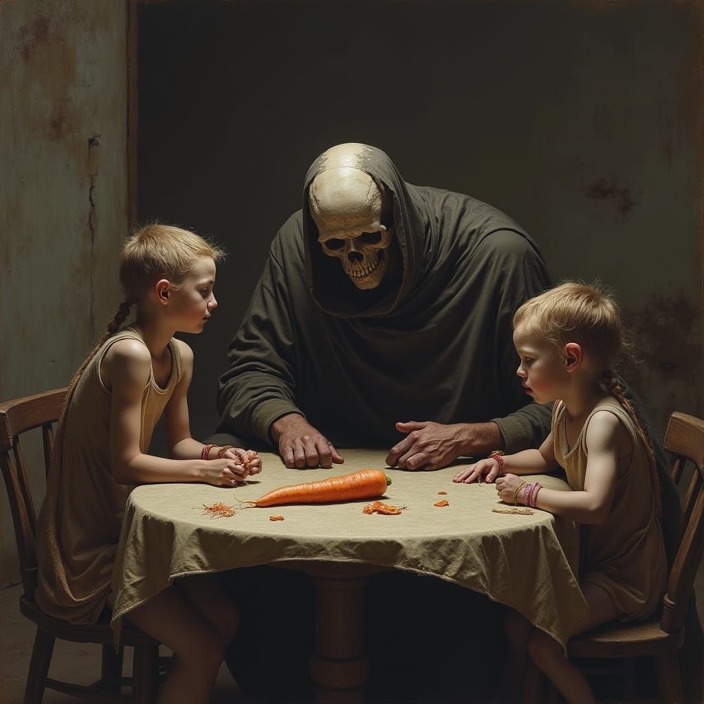 Starving Family Shares Final Carrot with Personified Death