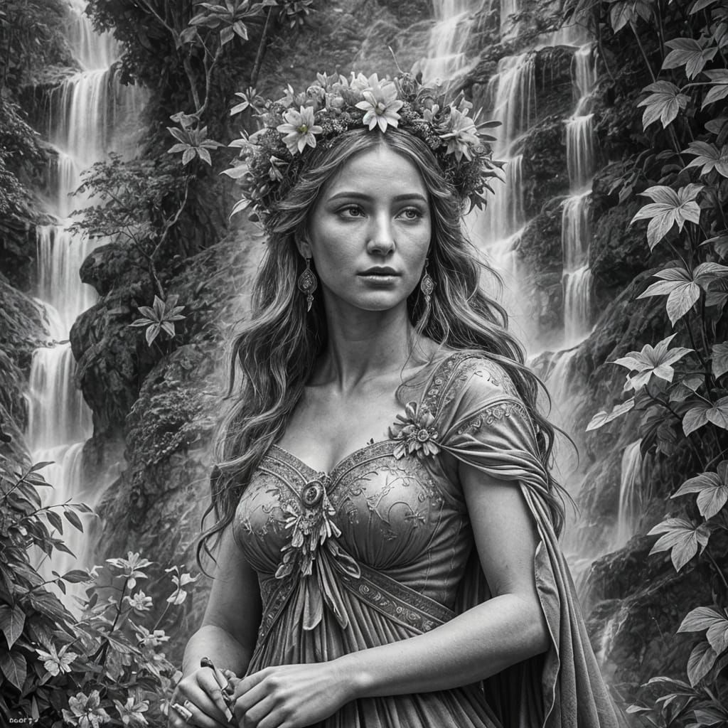 Goddess of Life in Lush Waterfall Scene