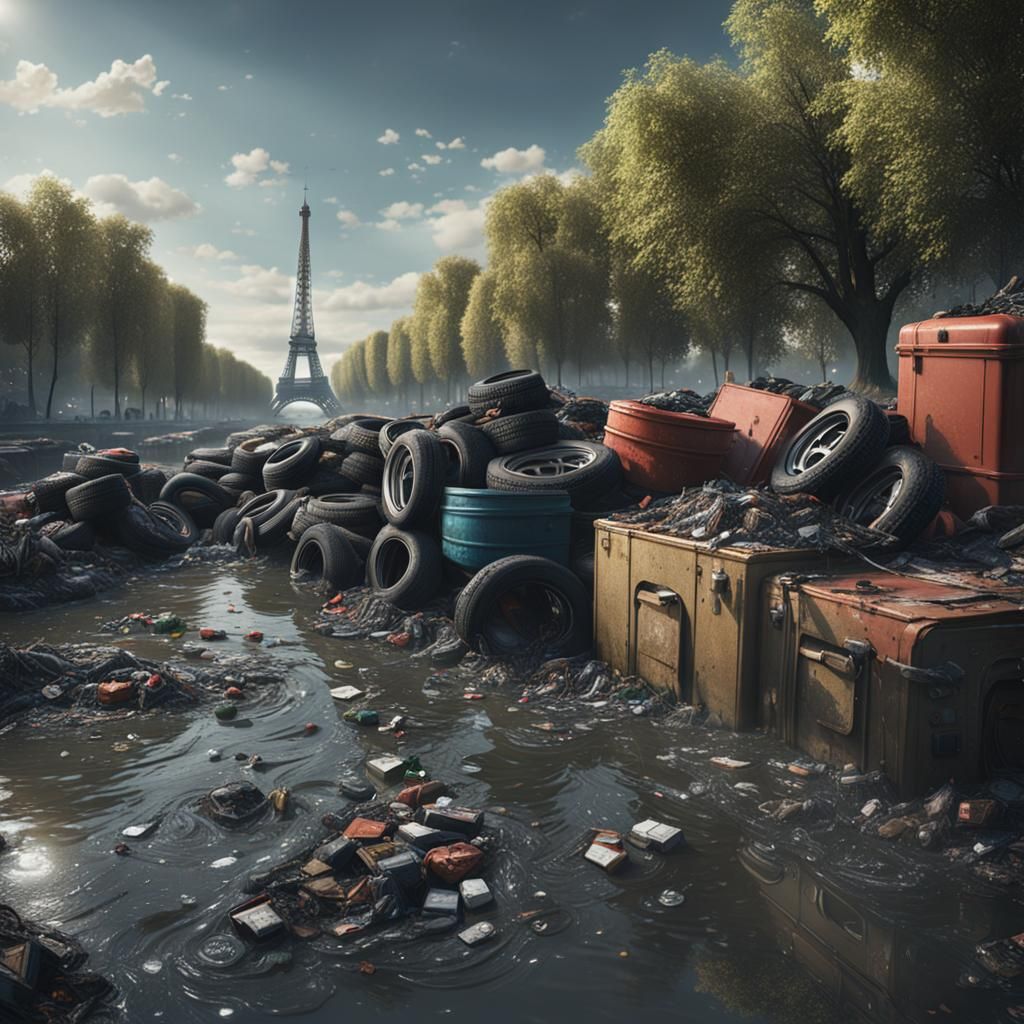 Futuristic Seine River in Paris with Vibrant Debris