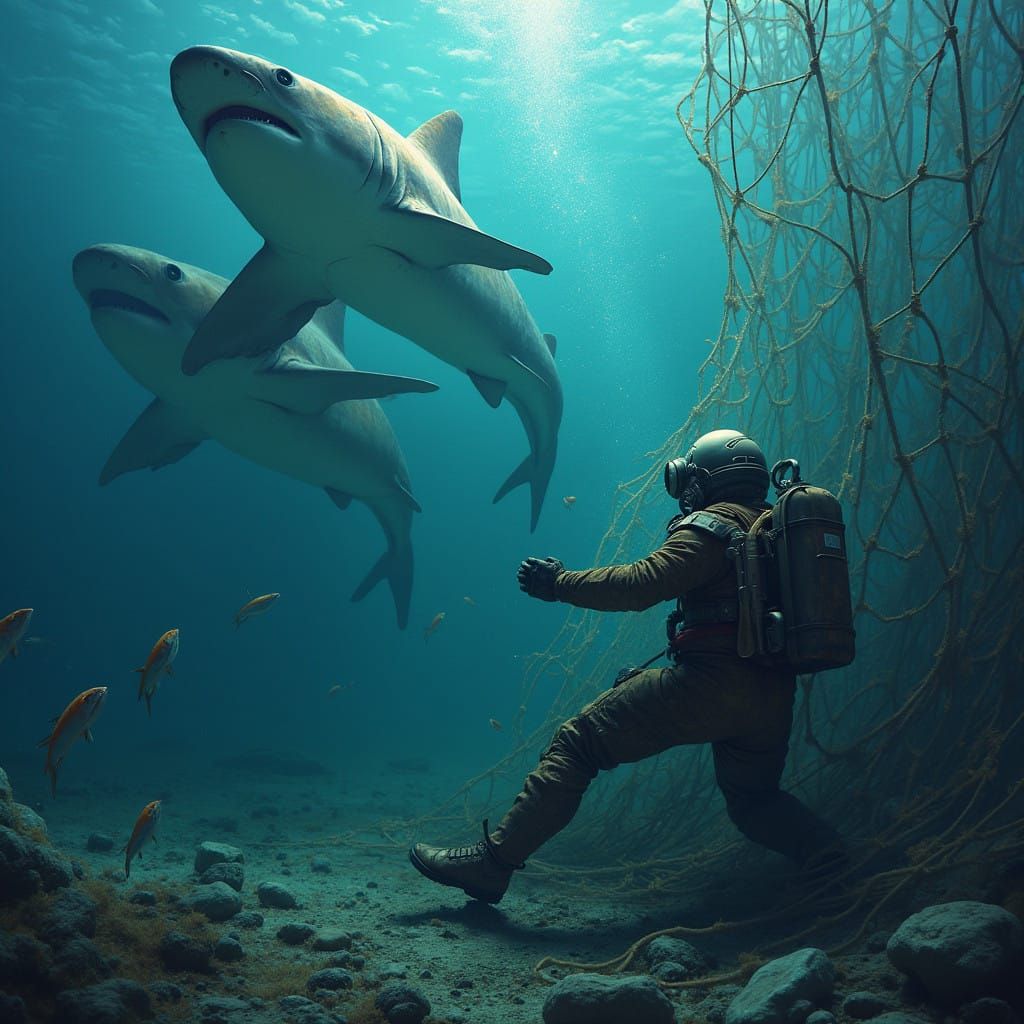 Sharks and Fishing Net Entangle Commercial Diver on Seabed