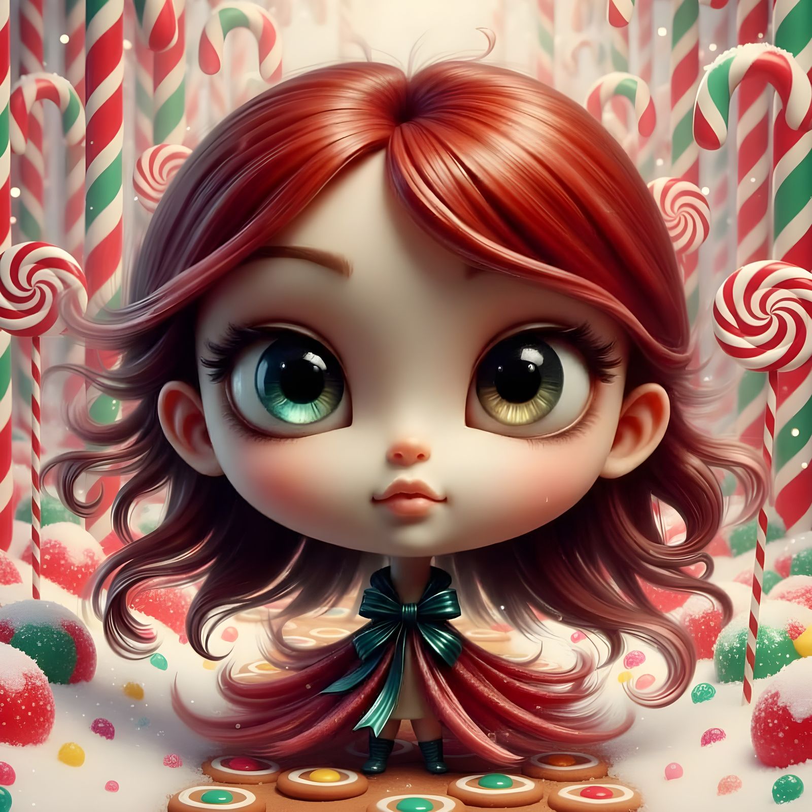 Chibi Girl in Candy Cane Forest with Snowflakes