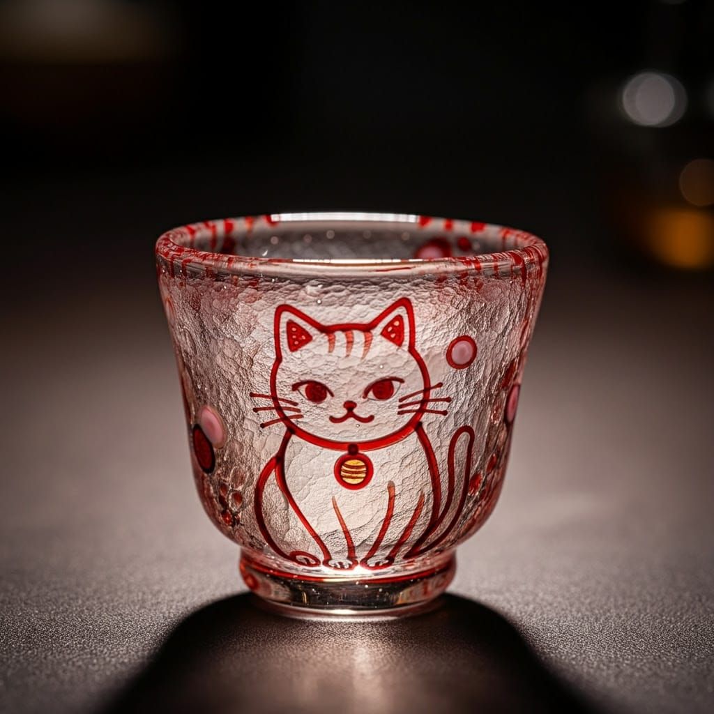 Surreal Edo Kiriko Guinomi Sake Cup with Whimsical Cat Motif
