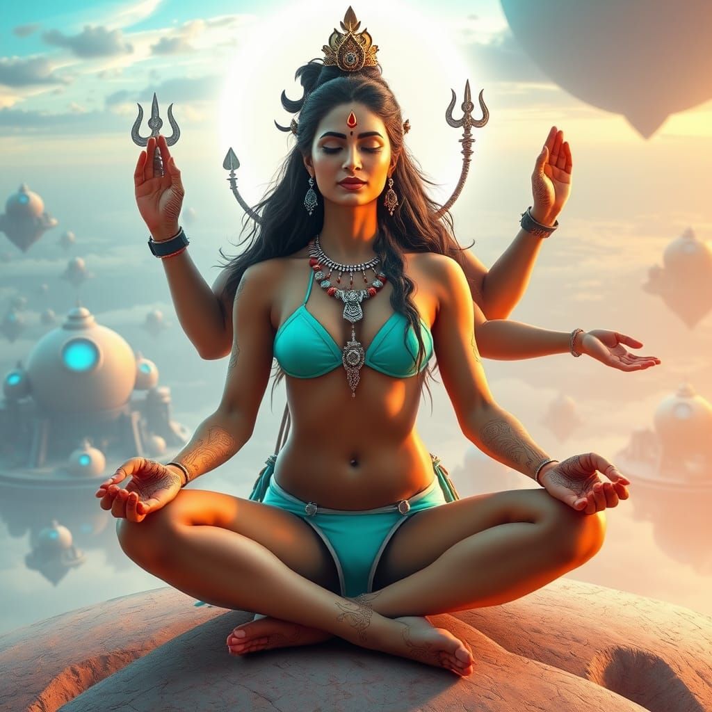 Sci-Fi Indian Woman and Shiva Meditating