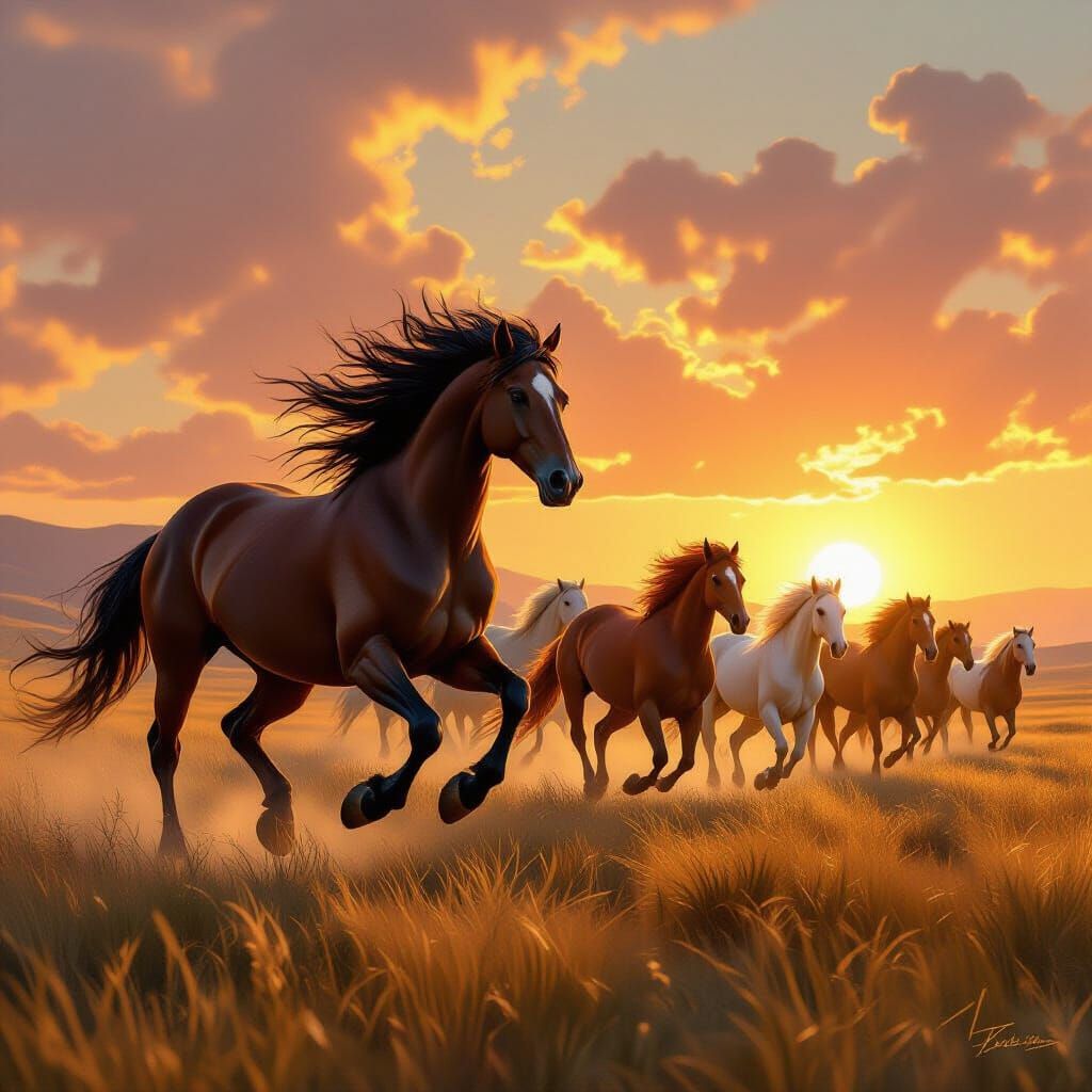 Epic Centaur Gallops with Wild Horses at Sunset