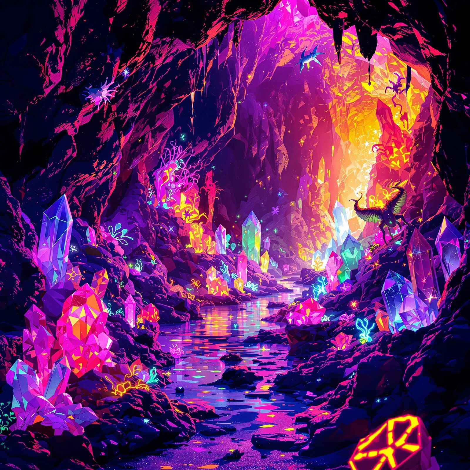 Bioluminescent Swarm in Illuminated Cavern
