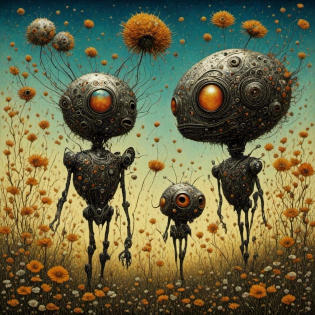 Robots in Alien Landscape: Retro-Futuristic Sci-Fi Art