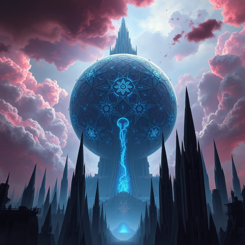 Dark Futuristic Cityscape with Biomechanical Tower and Ameth...