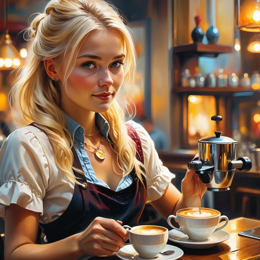 Blond Waitress Pours Coffee: Oil Painting Portrait
