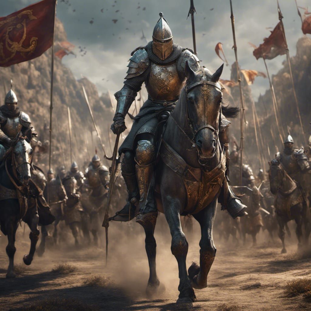 Medieval Crusaders Marching to Battle in Detailed Matte Pain...