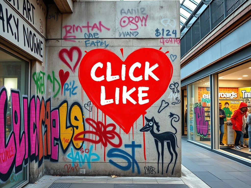 Graffiti Heart with "CLICK LIKE" Text in Urban Setting