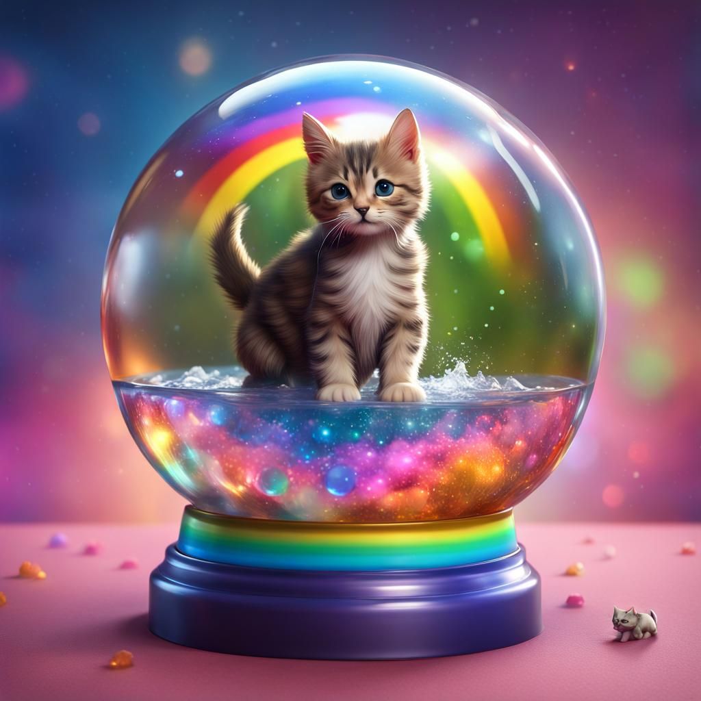 Rainbow Dog Water Globe with Cat, Detailed Digital Art