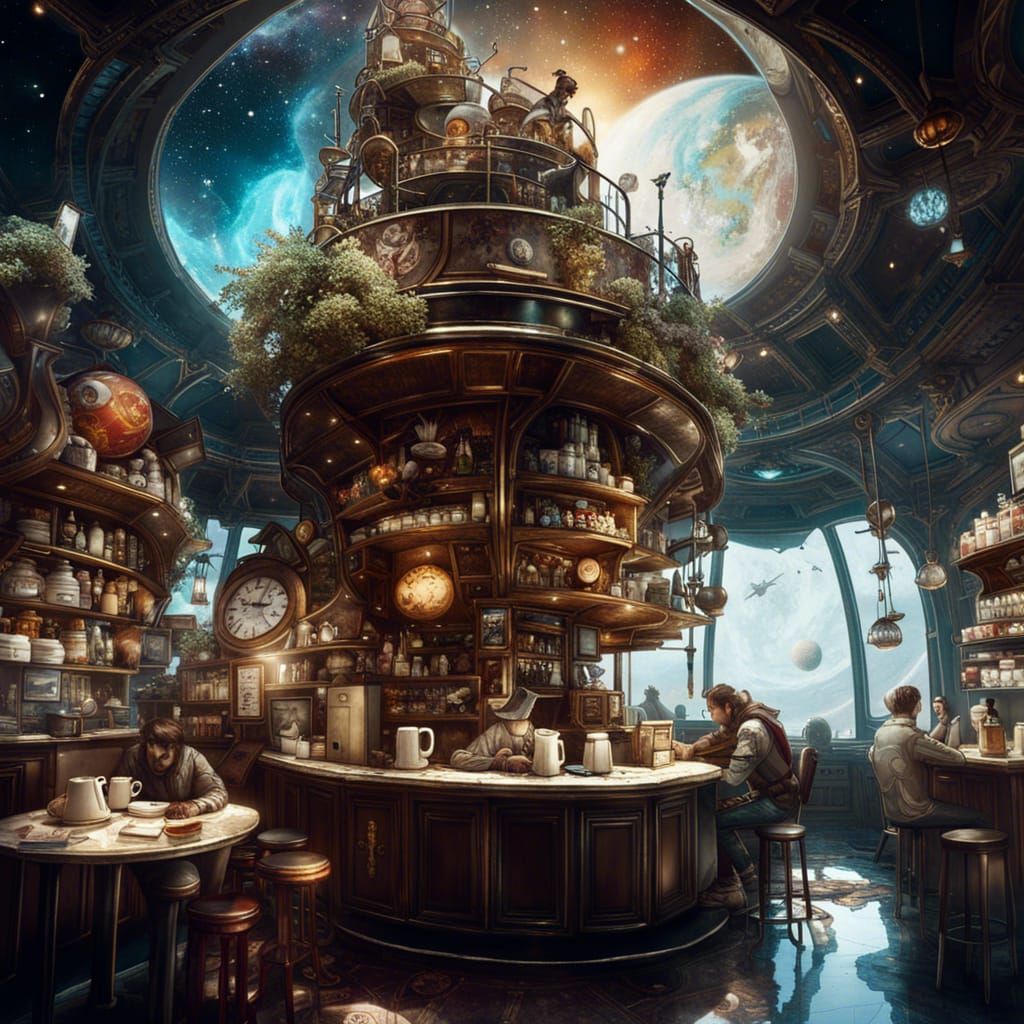 Tower Coffee Shop in Space: Fantasycore Digital Art