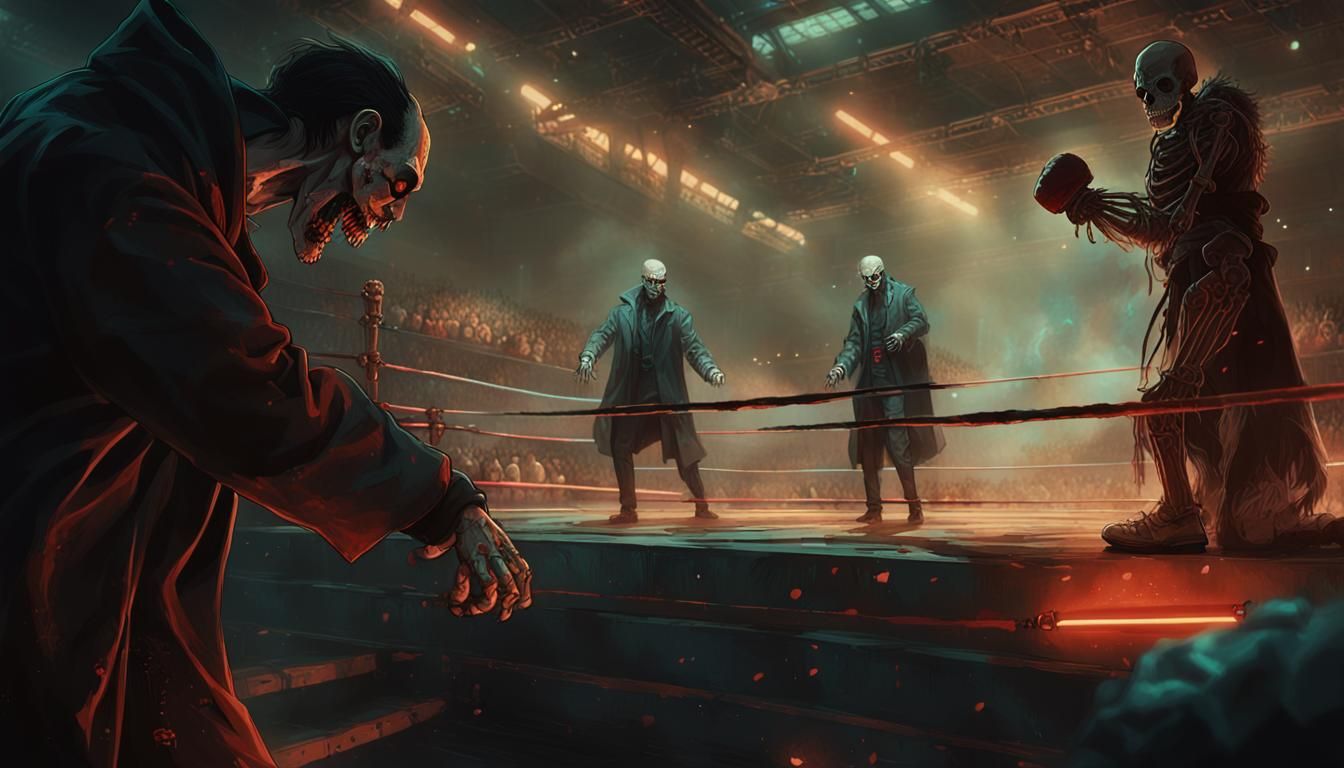 Cyberpunk Boxing Match: Skeleton vs Zombie