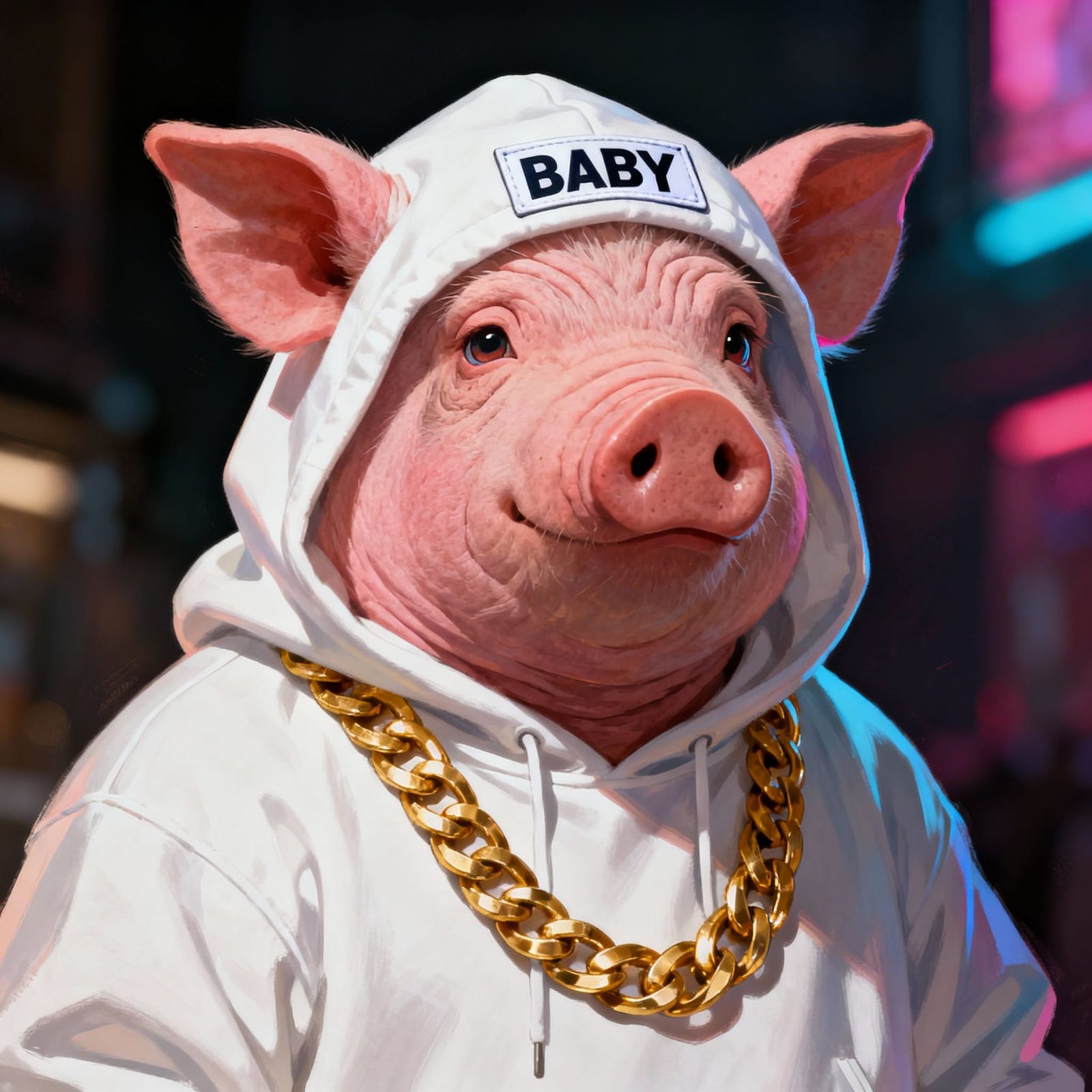 Anthropomorphic Pig in Hoodie with Gold Chain