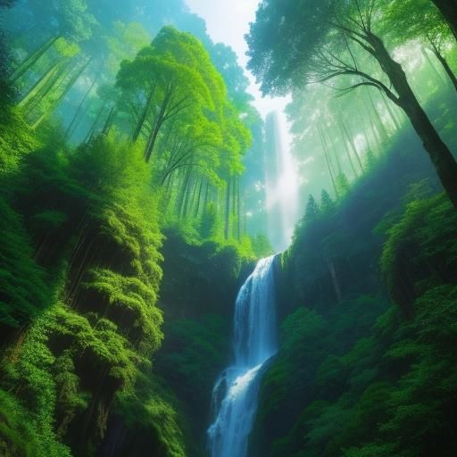 Fairytale Forest Scene with Towering Trees and Waterfall