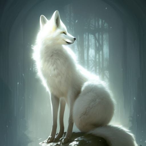 White Fox in Dark Fantasy, Hyperdetailed Digital Art