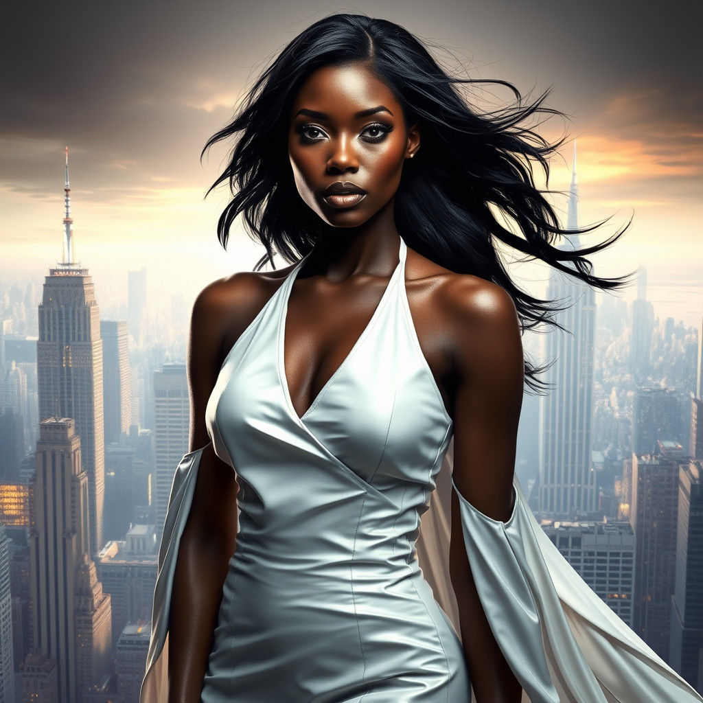 Elegant Woman in White Dress with NYC Skyline