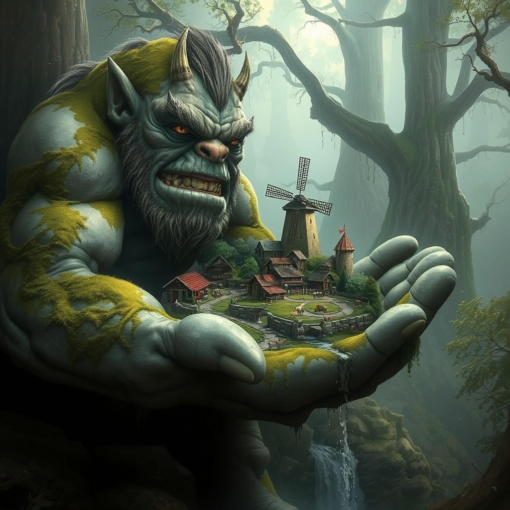 Gentle Rock Troll Protects Miniature Village