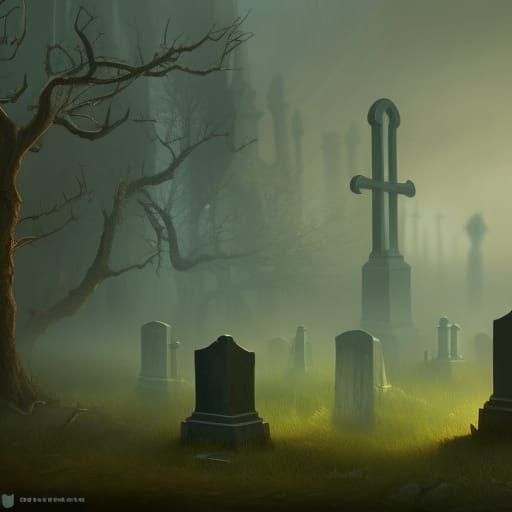 Foggy Haunted Graveyard in Detailed Matte Painting Style