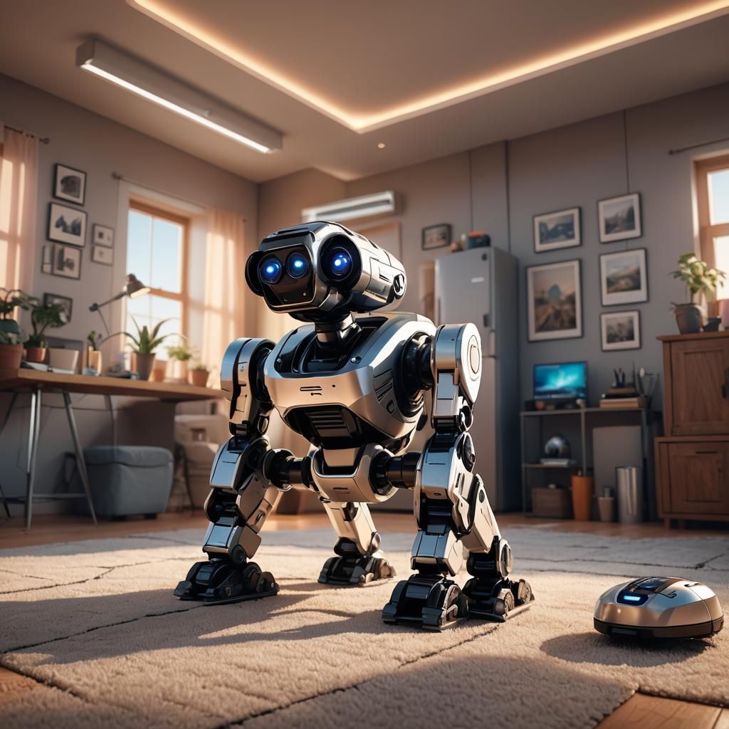 Friendly Robot Cleans Cozy Home: Sci-Fi Illustration