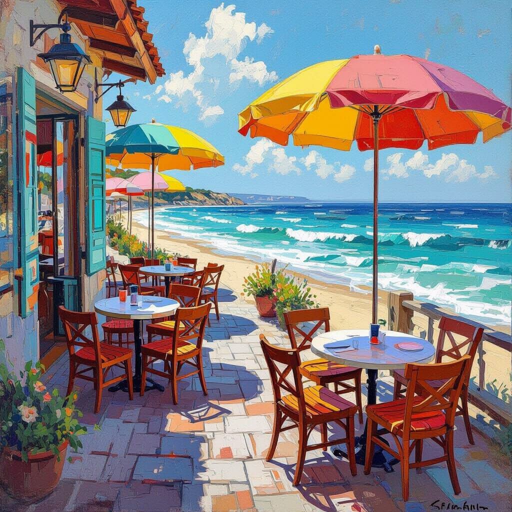 Serene Beach Cafe with Waves, in Modern Style