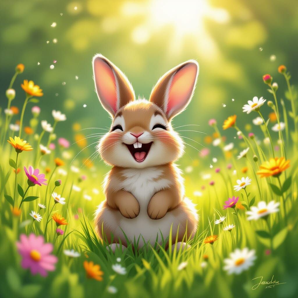 Joyful Bunny in a Sunny Meadow, Whimsical Illustration