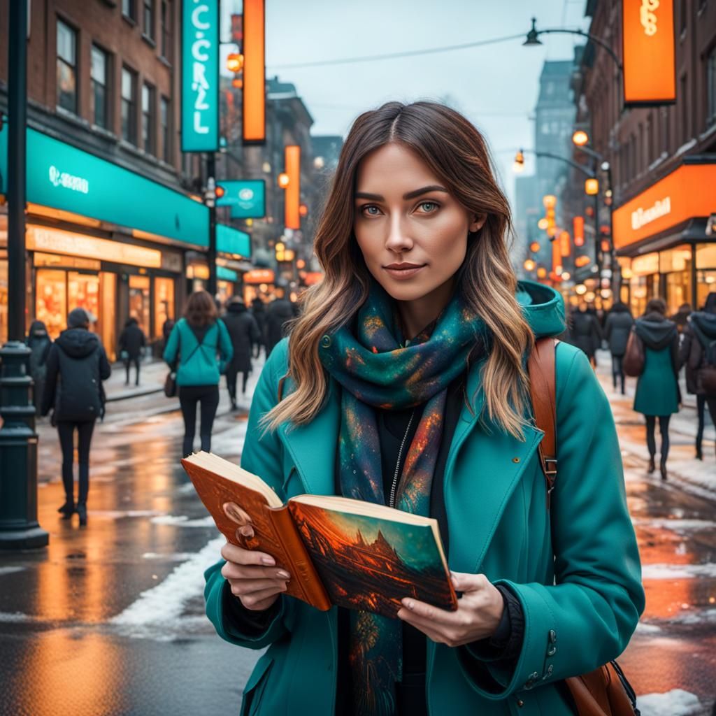 Girl Presents Book Cover on Busy Street: Hyperrealistic Art