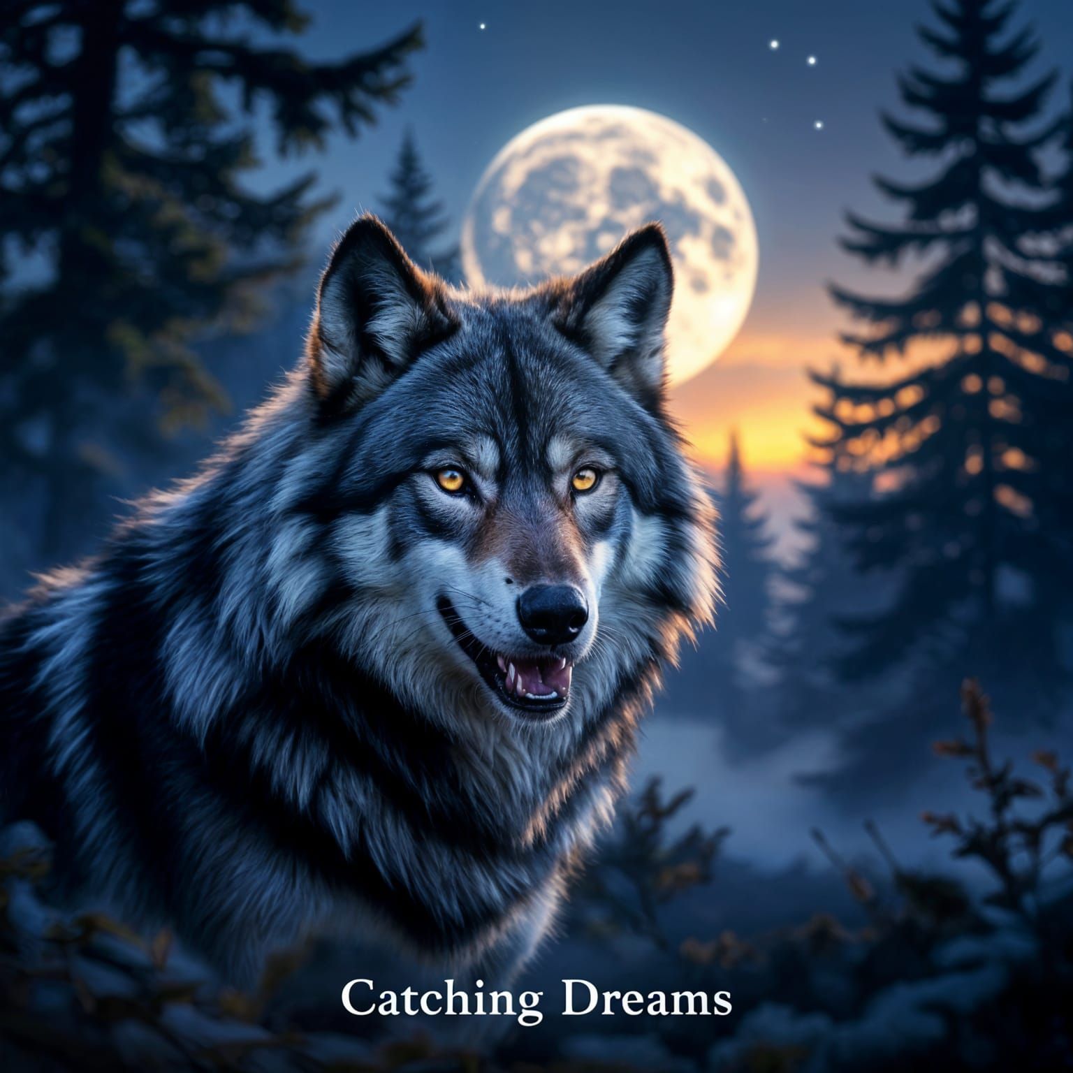 Majestic Wolf's Open Mouth in Moonlit Forest