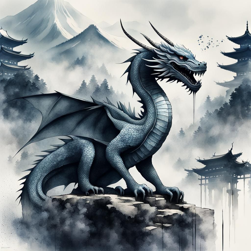 Dragon at Mystical Temple: Japanese Ink Painting