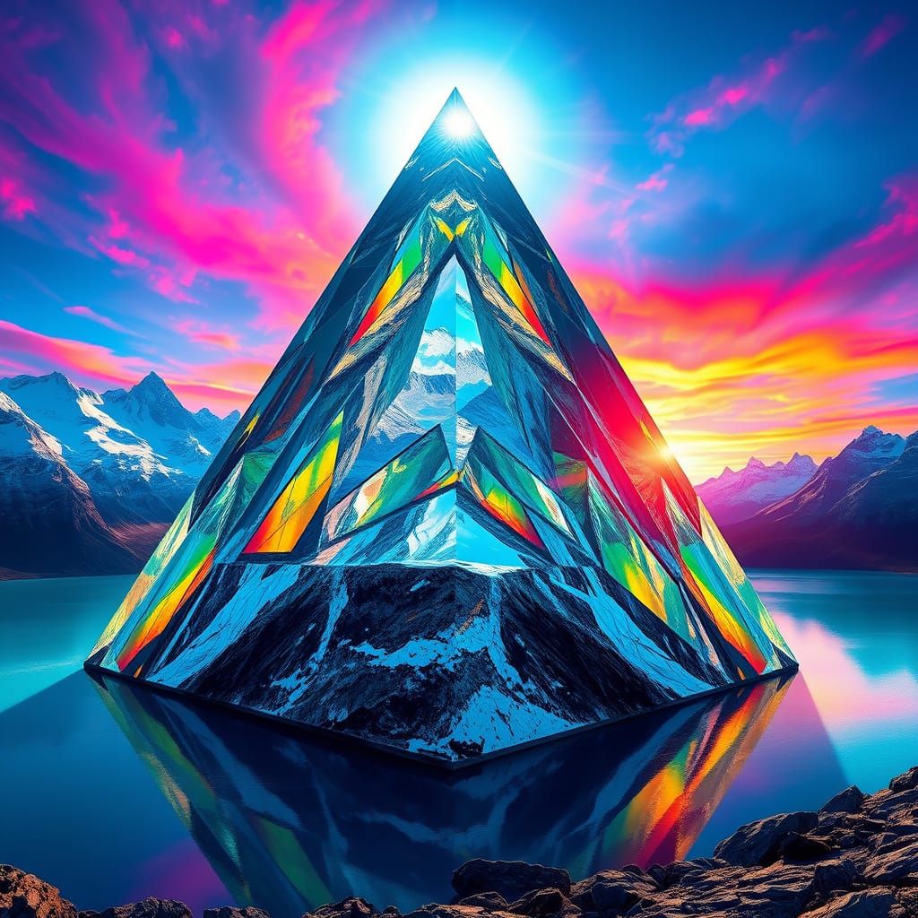 Prism Pyramid on Glacier with Rainbow Light