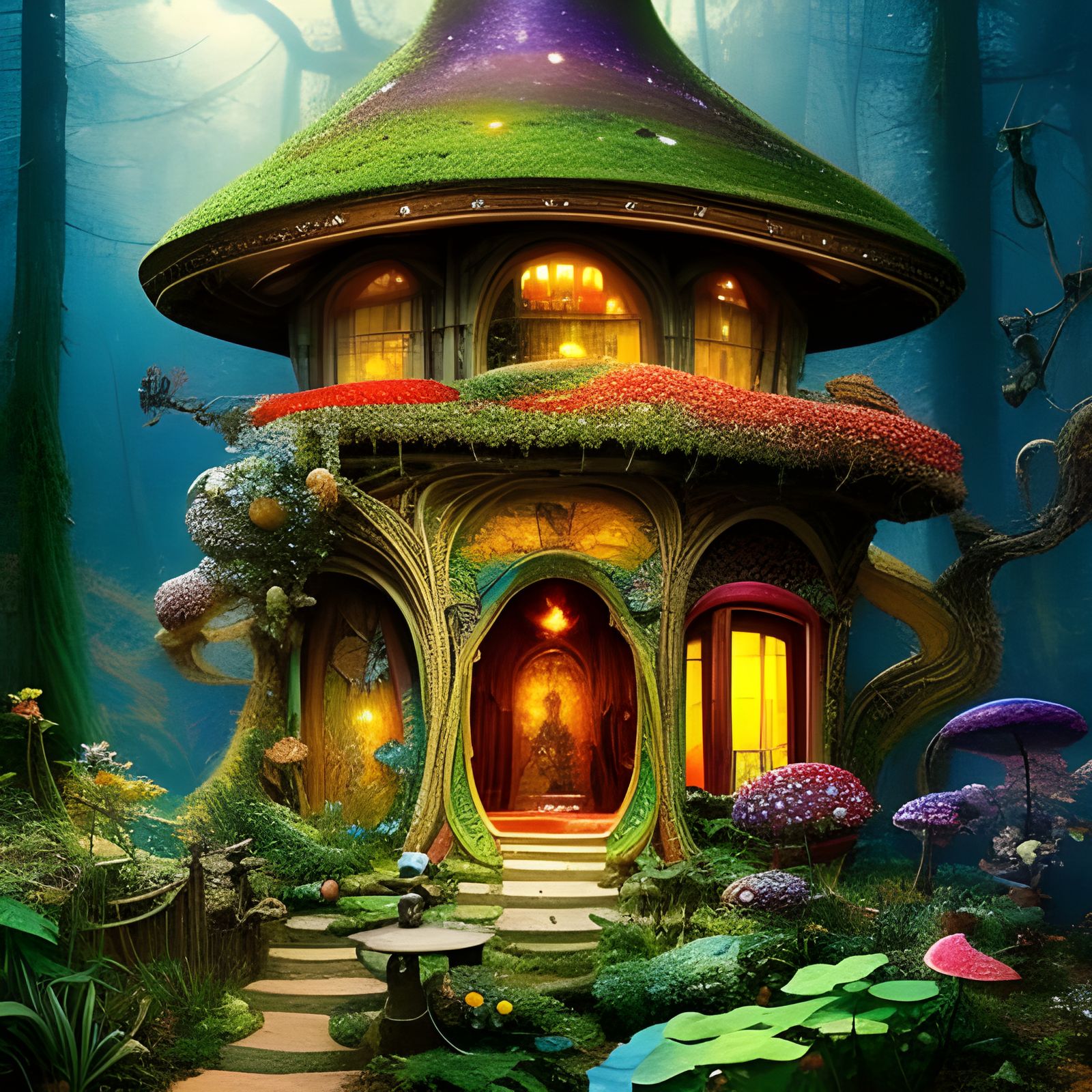 Magic Pixie Home Inside Blue Toadstool, Fantasycore Art